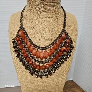 Metal and Orange Beaded Double Layer Ststement Necklace